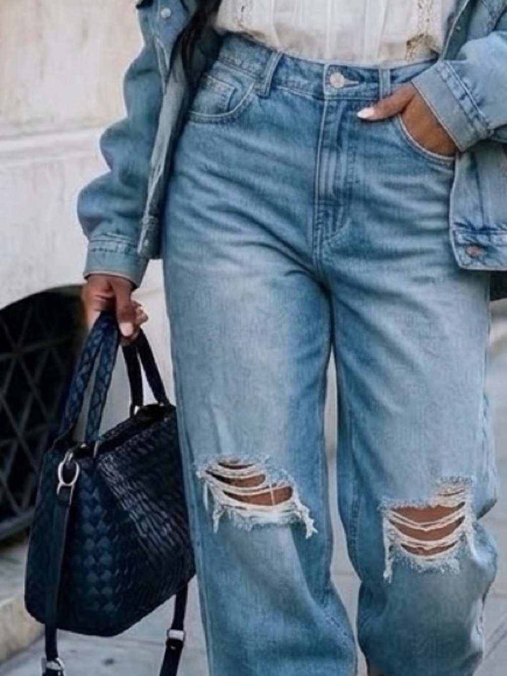 Fashion Nova Light Blue Distressed Wide-Leg Jeans